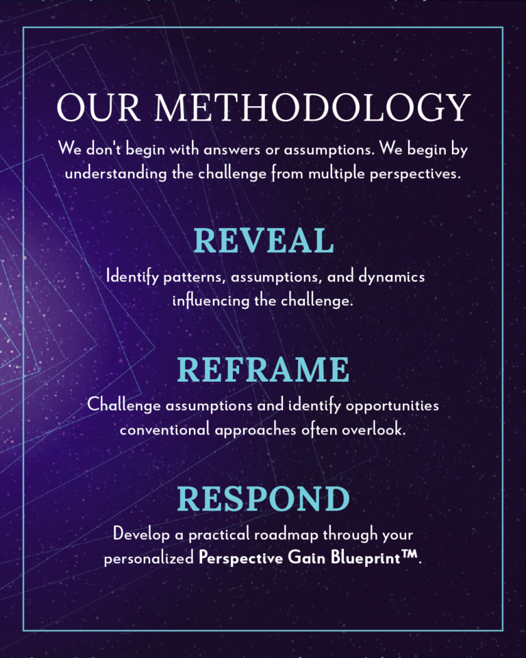 Our Methodology We don't begin with answers or assumptions. We begin by understanding the challenge from multiple perspectives. Reveal Identify patterns, assumptions, and dynamics influencing the challenge. Reframe Challenge assumptions and identify opportunities conventional approaches often overlook. Respond Develop a practical roadmap through your personalized Perspective Gain Blueprint™.